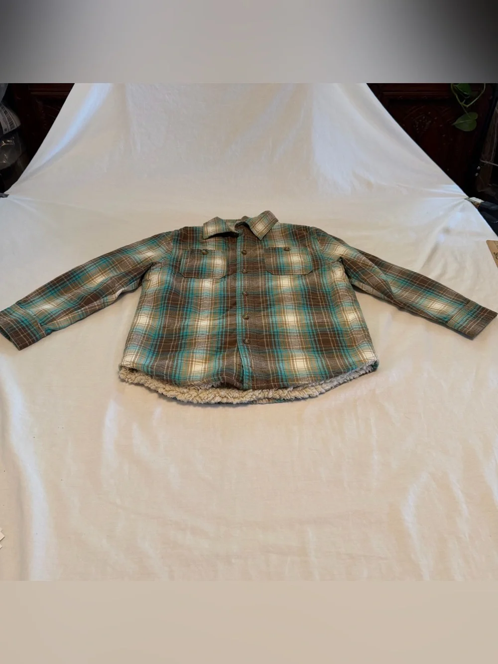 Crazy 8 Kids Plaid Sherpa-Lined Shirt Jacket - Teal & Brown Size S 5/6